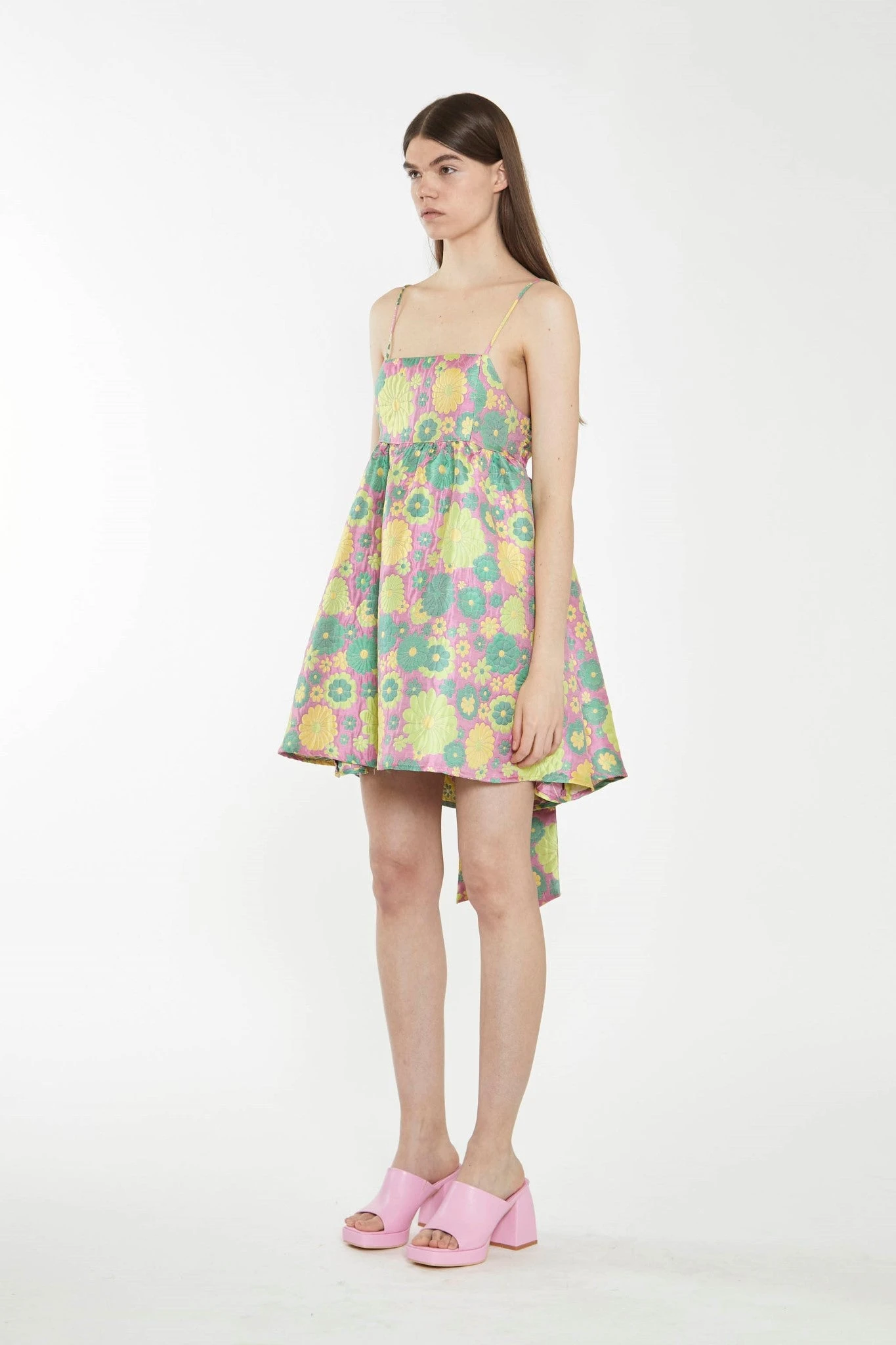 Glamorous Pink-60s-Flower-Jacquard Tie Detail Mini Dress 5 Glamorous Pink-60s-Flower-Jacquard Tie Detail Mini Dress - Image 3