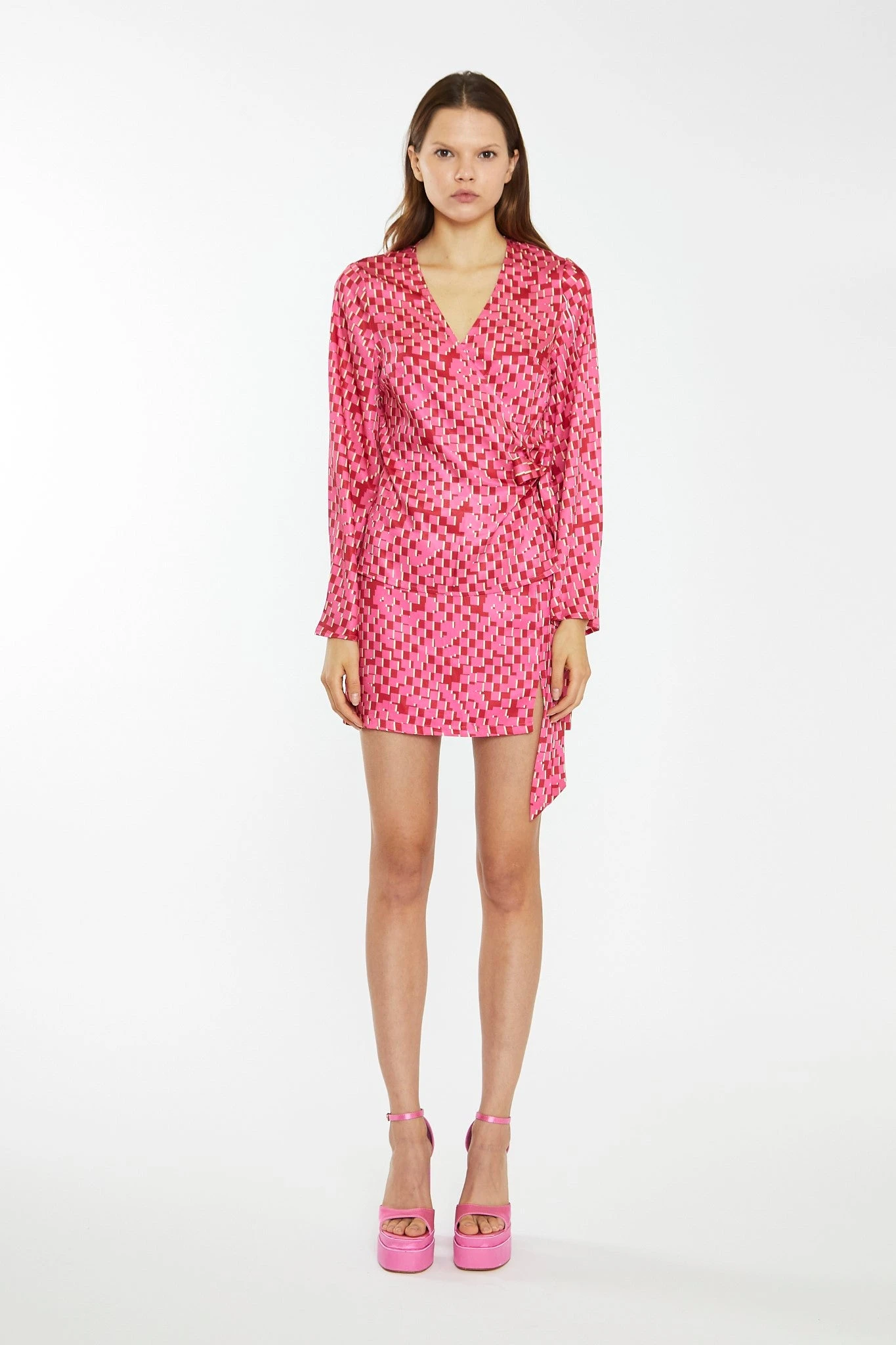 Glamorous Pink Multi-Square Fluted Sleeve Wrap Top 3 Glamorous Pink Multi-Square Fluted Sleeve Wrap Top