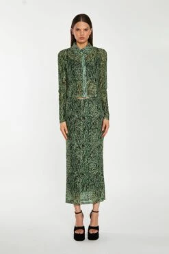 Glamorous Green-Black Animal Mesh Pencil Midi-Skirt