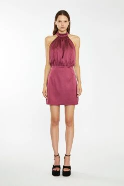 Glamorous Dark-Raspberry Satin Diamante Strap Mini-Dress