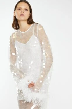 Glamorous Clear-White Large-Sequin Feather Cuff Mini-Dress -Glamorous Shop CK7161 DJ94 04
