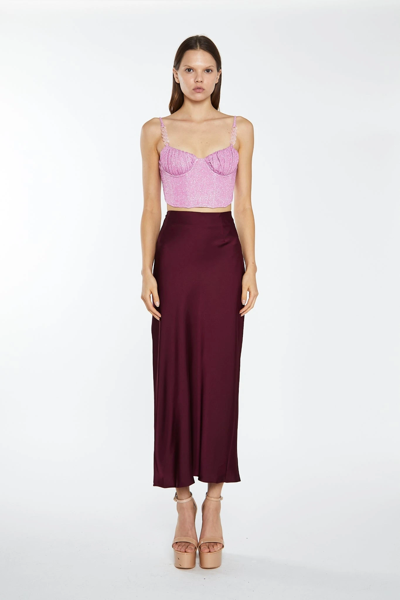 Glamorous Pink Silver-Glitter Chain-Strap Corset Crop-Top 3 Glamorous Pink Silver-Glitter Chain-Strap Corset Crop-Top