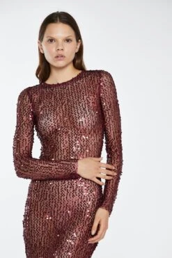 Glamorous Cabernet Mesh-Sequin Long-Sleeve Midi-Dress -Glamorous Shop CK7237 DJ93 04
