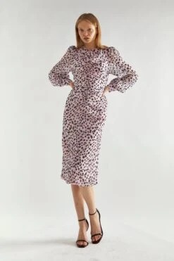 Glamorous Lilac-Dalmatian Ruched-Front Midi-Dress
