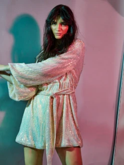 Glamorous Nude Iridescent Sequin Tie Waist Wrap Mini Dress -Glamorous Shop CREATIVE 0933 EDIT