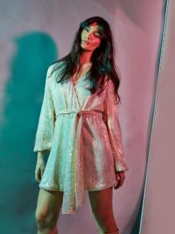 Glamorous Nude Iridescent Sequin Tie Waist Wrap Mini Dress