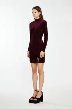 Glamorous Port-Red Velvet-Rib High-Neck Side-Split Mini-Dress -Glamorous Shop EA0762 DK35 03