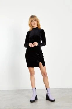 Glamorous Black Velvet High Neck Mini Dress With Front Side Split