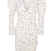 Glamorous White Heart Print V Neck Mini Dress With Puff Sleeves And Ruched Seams