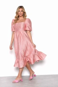 Glamorous Light Coral Textured Square Neck Puff Sleeve Empire Line Midaxi Dress With Tiered Oversized Skirt