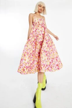 Glamorous Pink-Yellow Organza Empire-Line Tie-Back Loose-Fit Smock Midi-Dress -Glamorous Shop GC0576A DE32 03