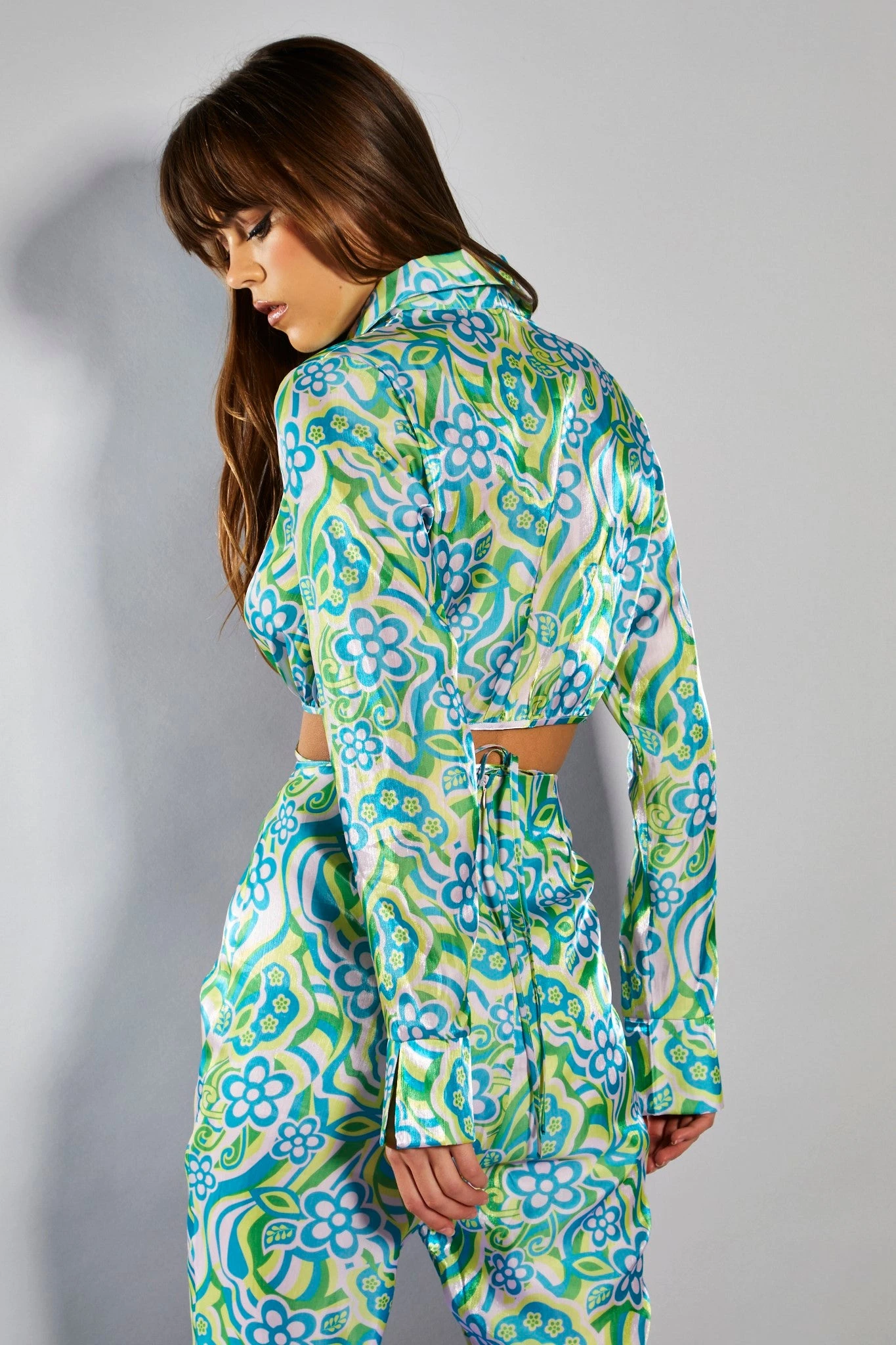 Glamorous Collection Metallic Swirl Floral Long Sleeve Cropped Sleeve With Waist Tie Detail 4 Glamorous Collection Metallic Swirl Floral Long Sleeve Cropped Sleeve With Waist Tie Detail - Image 2