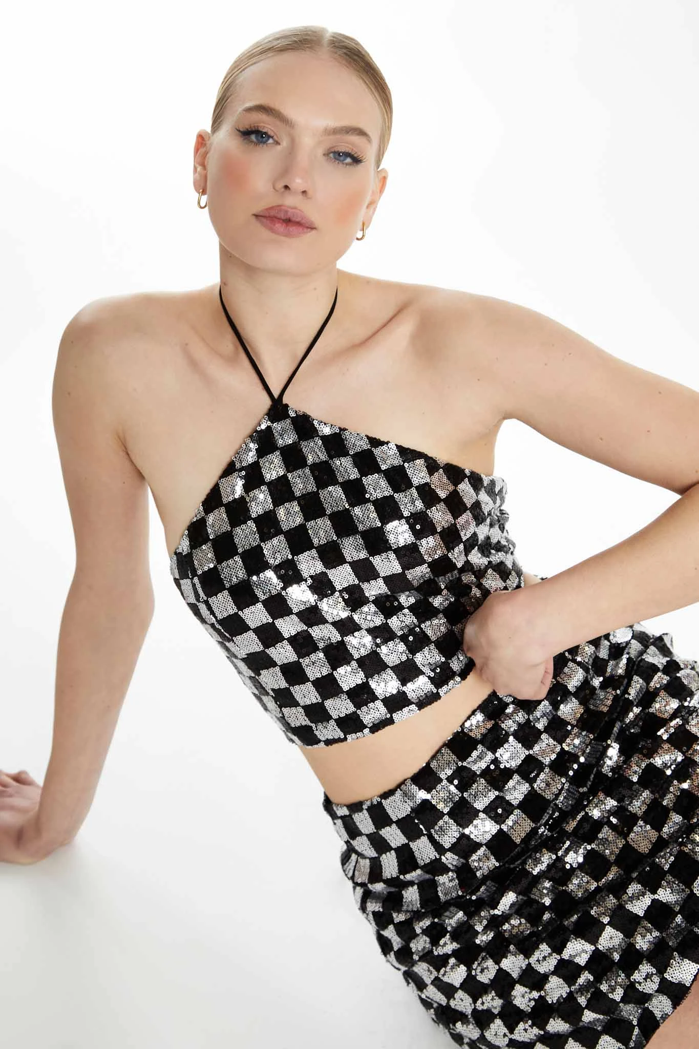 Glamorous Collection Black Silver Check Sequin Halter-neck Crop Top With Lace-up Back 3 Glamorous Collection Black Silver Check Sequin Halter-neck Crop Top With Lace-up Back