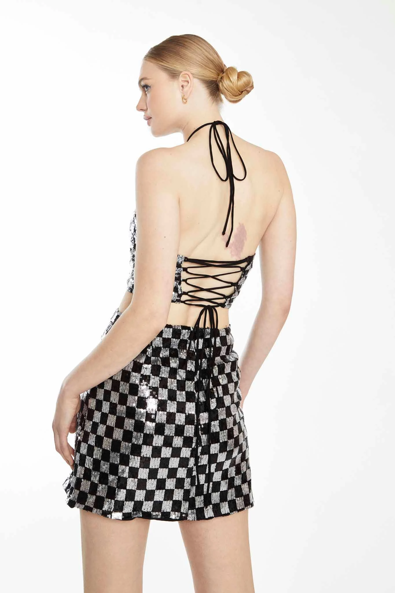 Glamorous Collection Black Silver Check Sequin Halter-neck Crop Top With Lace-up Back 4 Glamorous Collection Black Silver Check Sequin Halter-neck Crop Top With Lace-up Back - Image 2