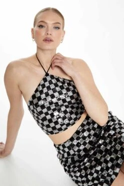 Glamorous Black Silver Check Sequin Mini Skirt -Glamorous Shop GC0647 DC24 04