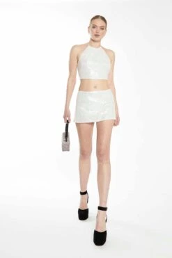 Glamorous Collection Silver Sequin Halterneck Crop Top With Lace-up Back Detail -Glamorous Shop GC0650 B07 04