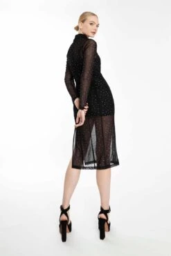 Glamorous Collection Black Diamante Mesh Long Sleeve Midi Dress -Glamorous Shop GC0652 DC26 02