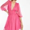 Glamorous Bright-Pink Gathered Plunge Puff Sleeve Mini-Dress 2 Glamorous Bright-Pink Gathered Plunge Puff Sleeve Mini-Dress -Glamorous Shop GC0735 M09 01