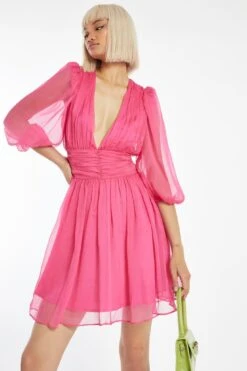 Glamorous Bright-Pink Gathered Plunge Puff Sleeve Mini-Dress