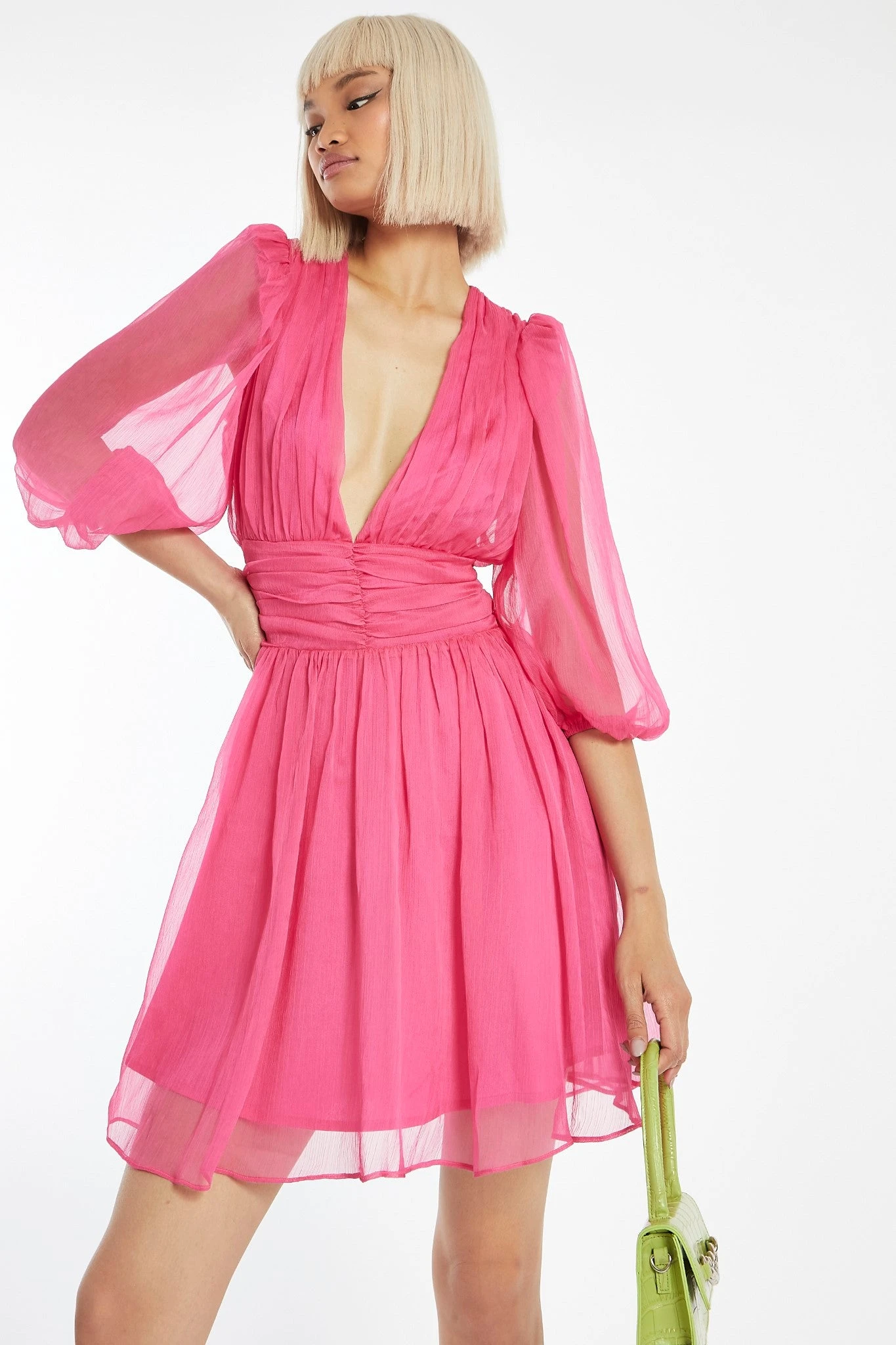 Glamorous Bright-Pink Gathered Plunge Puff Sleeve Mini-Dress 3 Glamorous Bright-Pink Gathered Plunge Puff Sleeve Mini-Dress