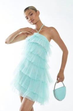 Glamorous Turquoise Pleated Tulle Halterneck Mini-dress -Glamorous Shop GC0773 G36 01