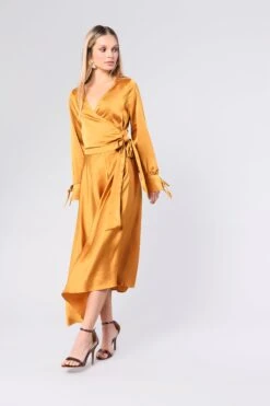 Glamorous Ochre Satin Wrap Long Sleeve Top