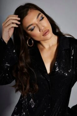Glamorous Studio Black Sequin Relaxed Fit Mini Shirt Dress -Glamorous Shop GS0428 AE05 04