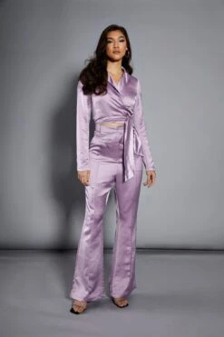 Glamorous Studio Lavender Satin Tailored Split Flared Trousers