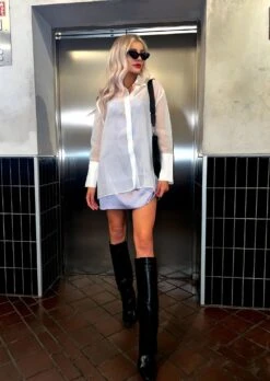 Glamorous Off White Organza Back-Split Oversized-Shirt