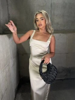 Glamorous Dark-Cream Satin Tailored Square-Neck Midi-Dress -Glamorous Shop GS0564 DP16 03