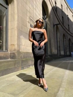 Glamorous Black-Satin Bias-Cut Strapless Midaxi-Dress