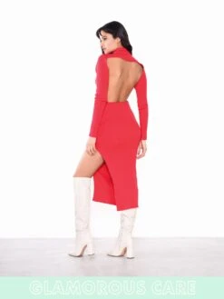 Glamorous Care Poppy Red High Neck Side Split Backless Midi Dress -Glamorous Shop Glamcarebase