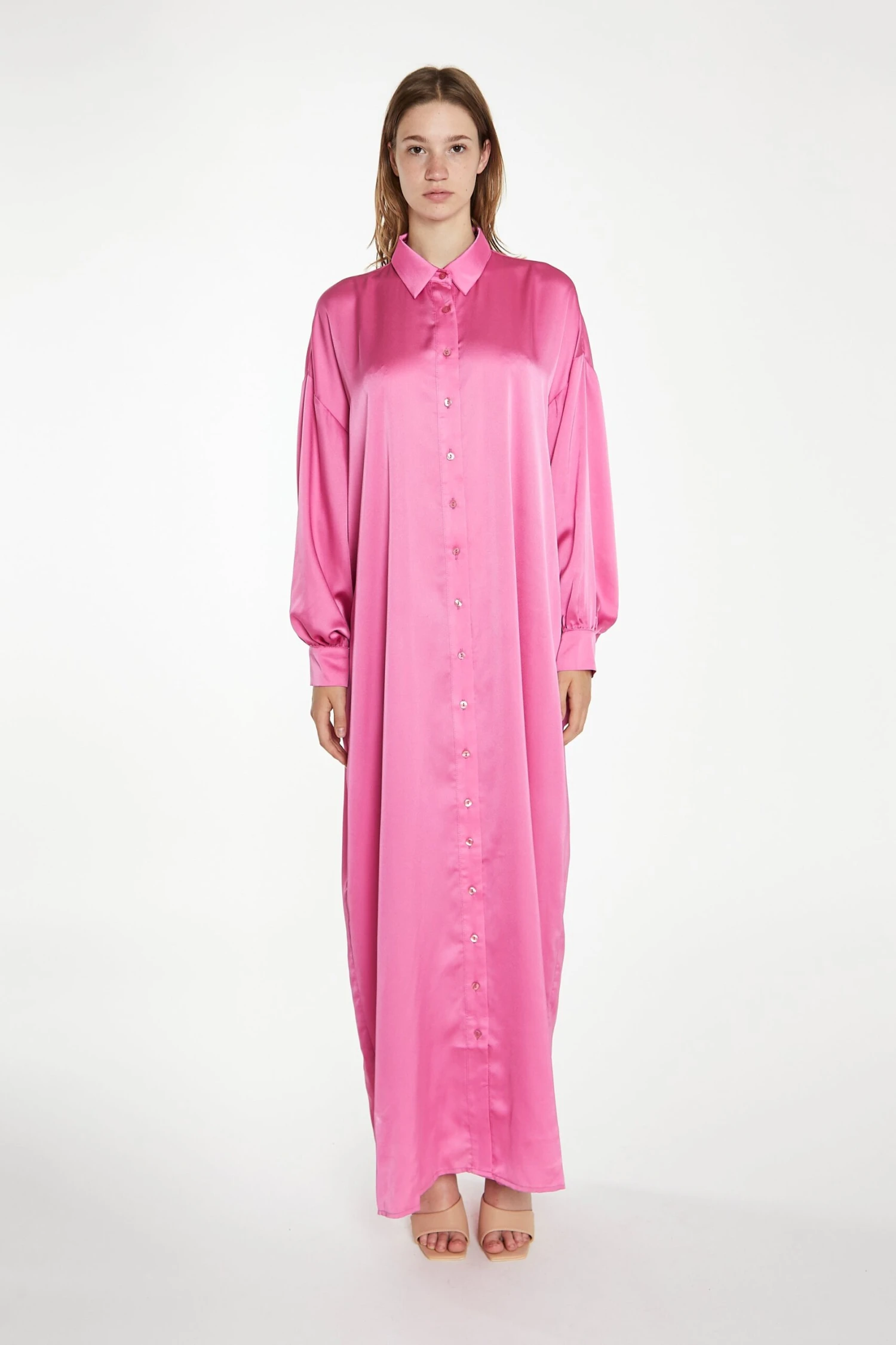 Glamorous Pink Satin Oversized Maxi Shirt Dress 3 Glamorous Pink Satin Oversized Maxi Shirt Dress