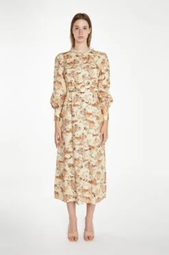 Glamorous Tan Multi Blossom Long-Sleeve Belted Maxi-Dress