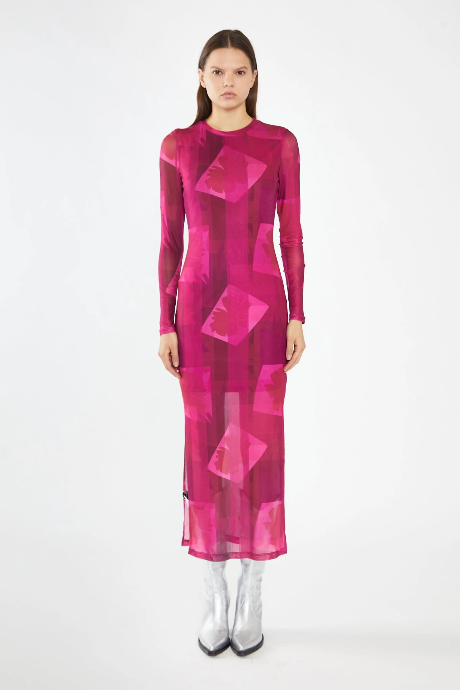 Glamorous Pink-Block Mesh Crew-Neck Bodycon Maxi-Dress 4 Glamorous Pink-Block Mesh Crew-Neck Bodycon Maxi-Dress - Image 3