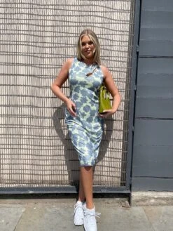 Glamorous Blue-Green Floral Mesh Bodycon Cut-Out Midi-Dress