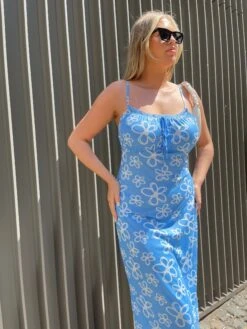 Glamorous Blue Scribble-Daisy Mesh Strappy Gathered-Bust Midi-Dress -Glamorous Shop IMG 6743