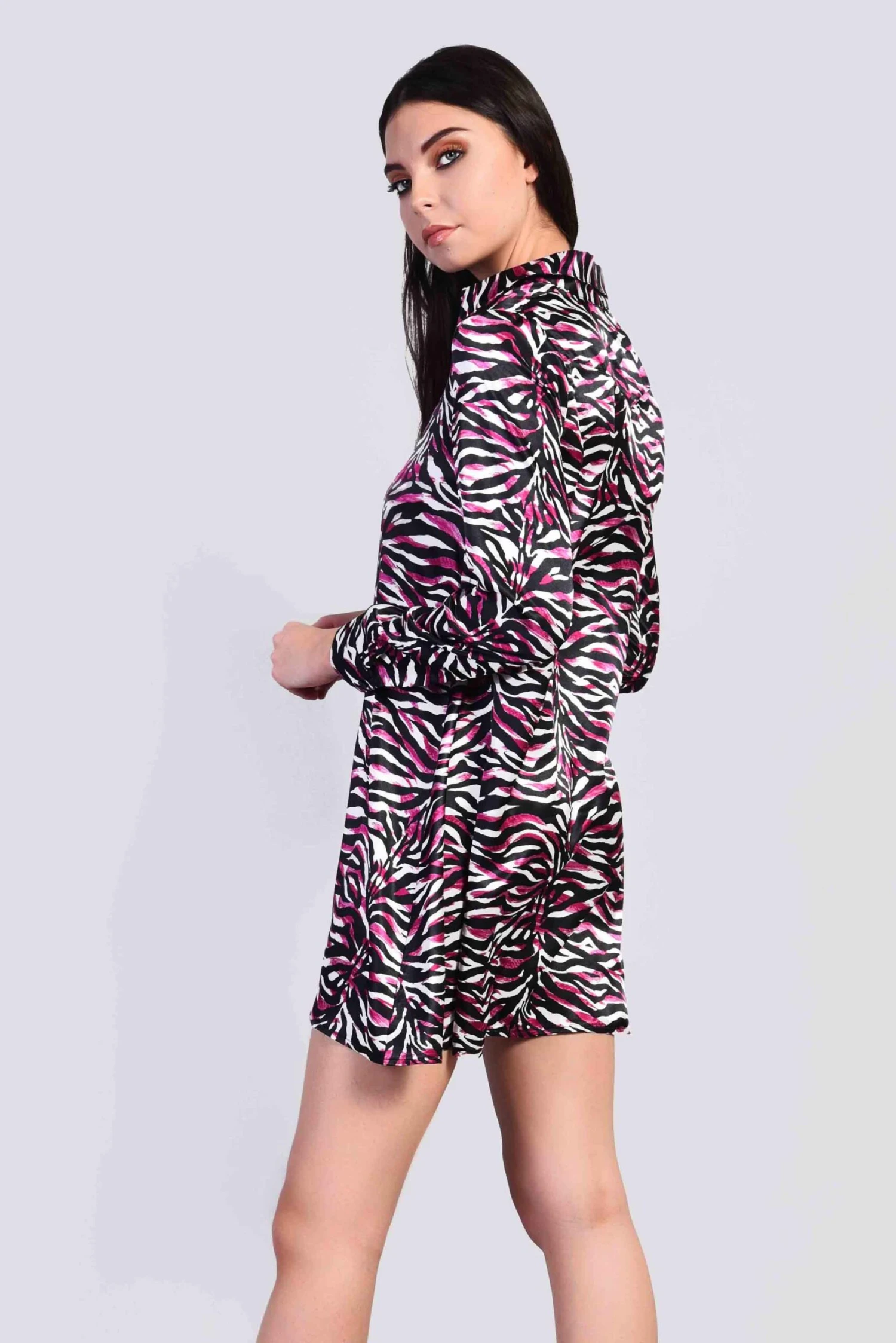 Glamorous Black Purple Tiger Mini Shirt Dress 4 Glamorous Black Purple Tiger Mini Shirt Dress - Image 2