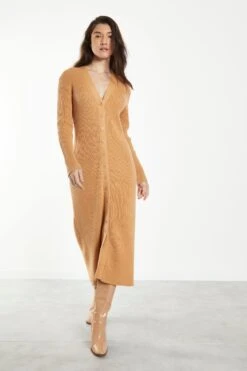 Glamorous Caramel Knitted Skinny Fit Midi Dress With Long Sleeves & V Neck