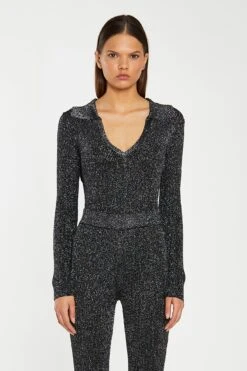 Glamorous Black-Silver Rib Collared V-Neck -Bodysuit