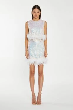 Glamorous Iridescent-Sequin White Feather Trim Mini-Skirt -Glamorous Shop KA7115 DM70 01