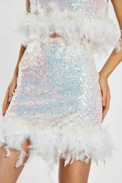 Glamorous Iridescent-Sequin White Feather Trim Mini-Skirt -Glamorous Shop KA7115 DM70 04