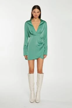 Glamorous Spruce-Green Satin Collared Wrap Mini-Dress -Glamorous Shop KA7121 DN64 01
