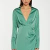 Glamorous Spruce-Green Satin Collared Wrap Mini-Dress