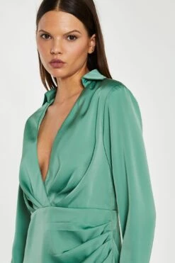 Glamorous Spruce-Green Satin Collared Wrap Mini-Dress -Glamorous Shop KA7121 DN64 04