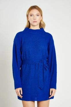 Glamorous Royal Blue Knitted Mini Dress With Tie Belt