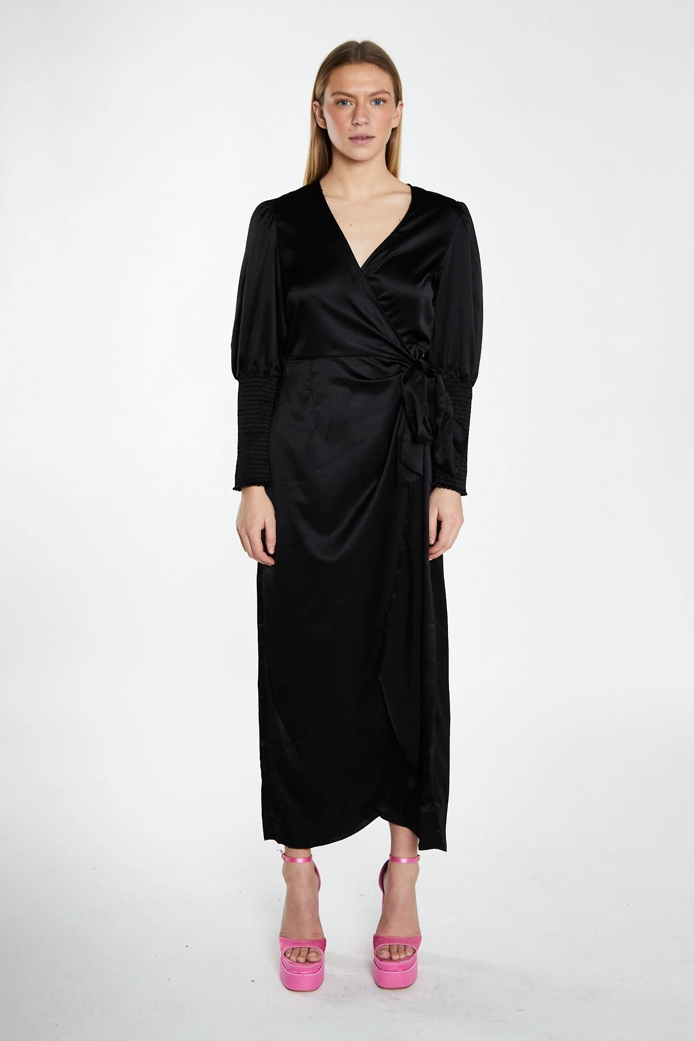 Glamorous Black-Satin Shirred Cuff Wrap Maxi-Dress 3 Glamorous Black-Satin Shirred Cuff Wrap Maxi-Dress