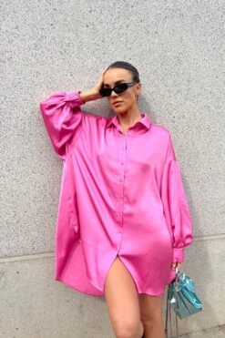 Pink Sateen Oversized Mini Shirt-Dress -Glamorous Shop TM0188A CI12 01 39a26fb2 8c87 49ff 9871 f58ac7431738