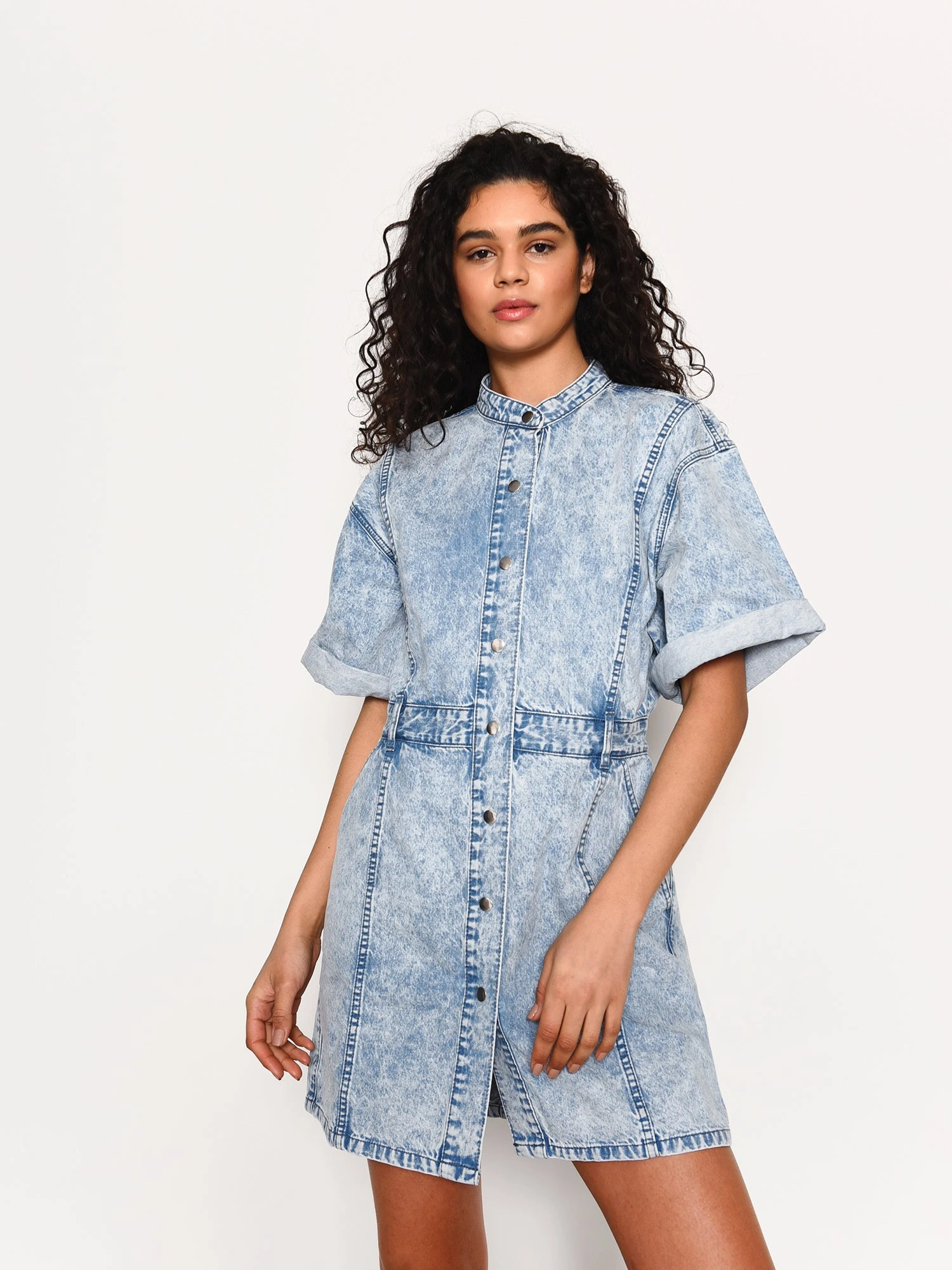 Glamorous Blue Acid-Wash Denim Button Front Mini-Dress 3 Glamorous Blue Acid-Wash Denim Button Front Mini-Dress