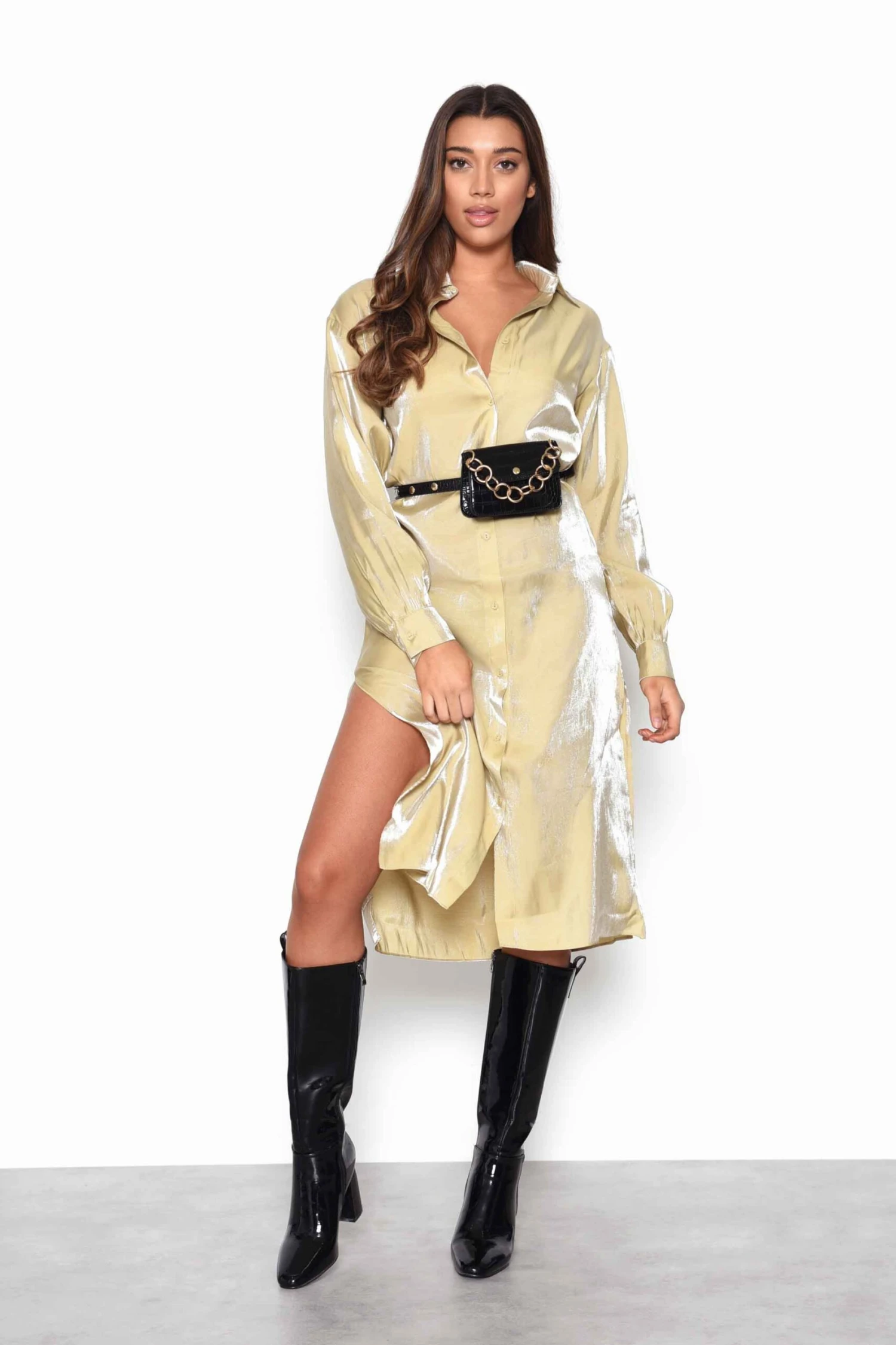 Glamorous Ochre Shimmer Long Sleeve Midi Shirt Dress With Side Splits 3 Glamorous Ochre Shimmer Long Sleeve Midi Shirt Dress With Side Splits